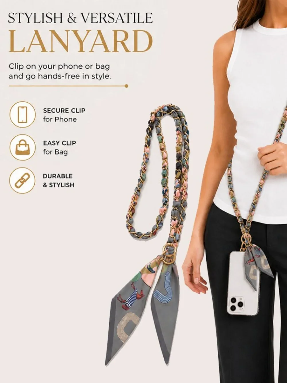 Ribbon Chain Phone Crossbody Lanyard with clear Tether Patch